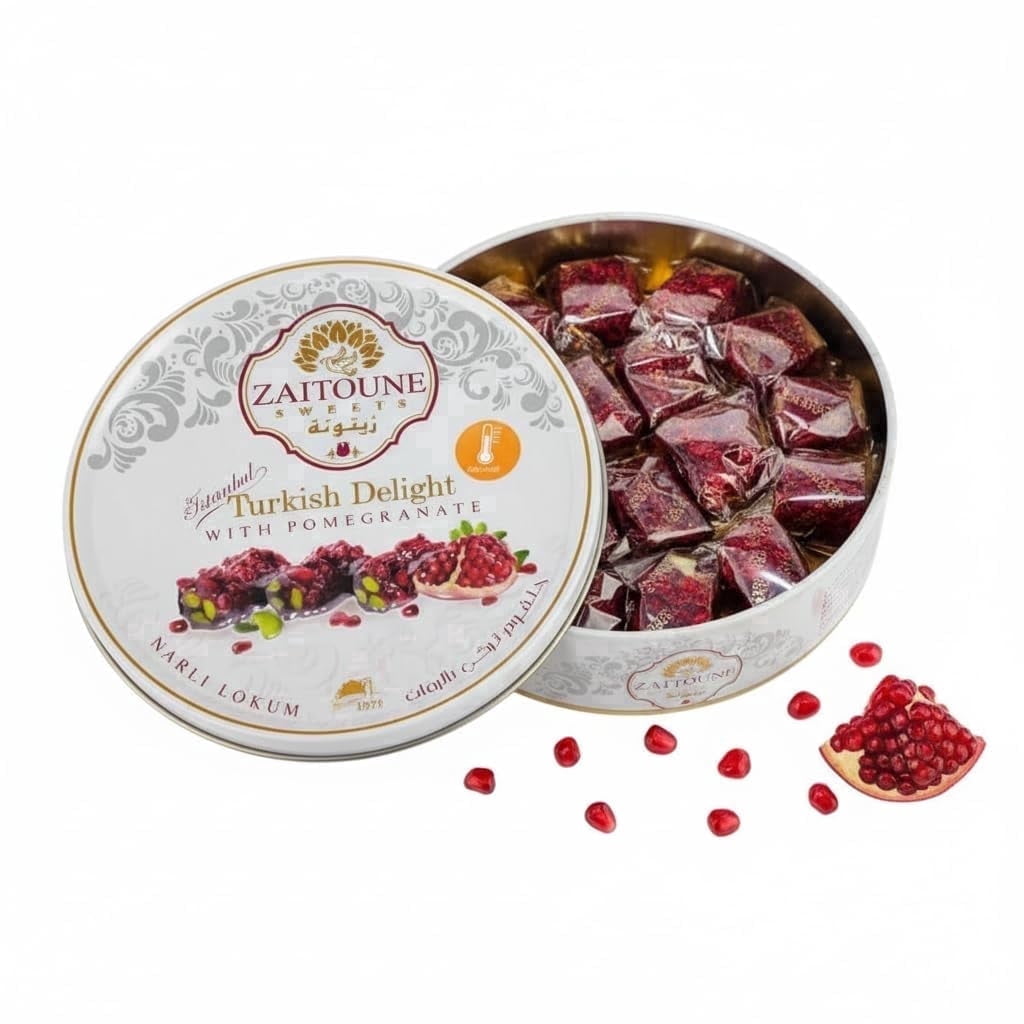 Zaitoune Pomegranate Covered Turkish Delight - 9 oz  Coated with Dried Pomegranate Seeds & Individually Wrapped