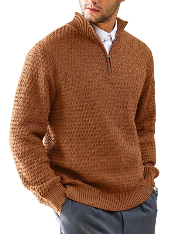 Fexilor Men's Cable Knit Quarter Zip Pullover Sweater Lightweight Long Sleeve Business Casual Sweaters