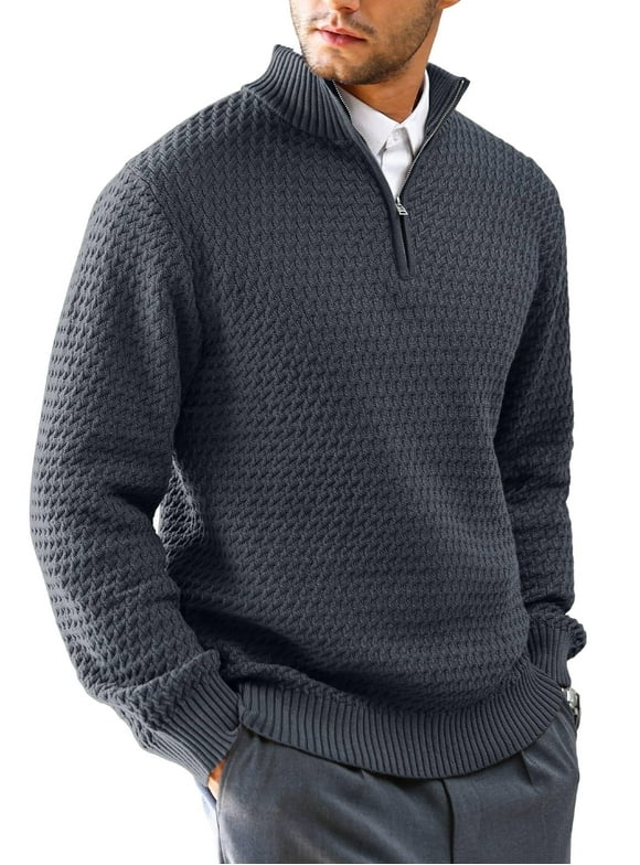 Fexilor Men's Cable Knit Quarter Zip Pullover Sweater Lightweight Long Sleeve Business Casual Sweaters