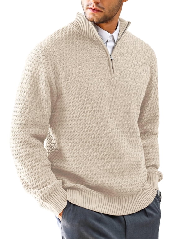 Fexilor Men's Cable Knit Quarter Zip Pullover Sweater Lightweight Long Sleeve Business Casual Sweaters