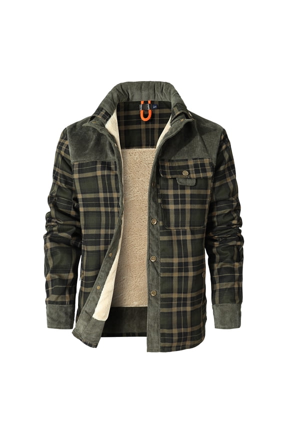 Men's Flannel Jacket Plaid Sherpa Lined Shirt Snap Button Warm Winter Coat with Pockets