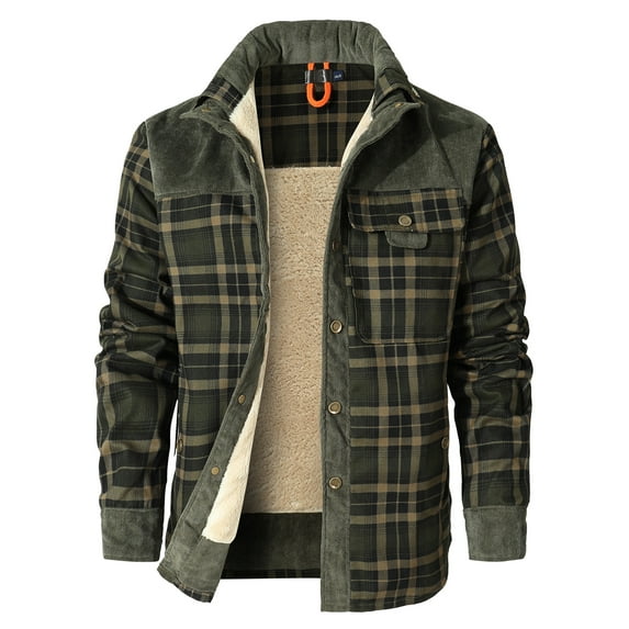 Men's Flannel Jacket Plaid Sherpa Lined Shirt Snap Button Warm Winter Coat with Pockets