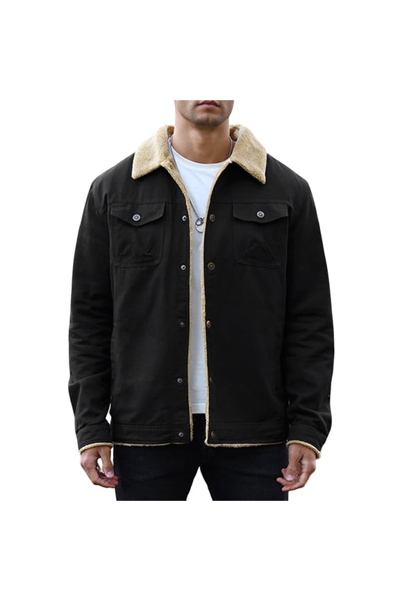 Men's Winter Trucker Jacket Thick Thermal Cotton Warm Fleece Lined Coat with Flap Pockets