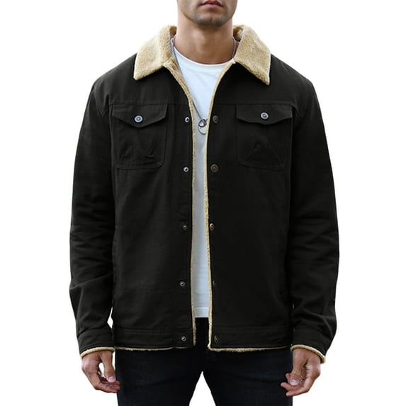 Men's Winter Trucker Jacket Thick Thermal Cotton Warm Fleece Lined Coat with Flap Pockets