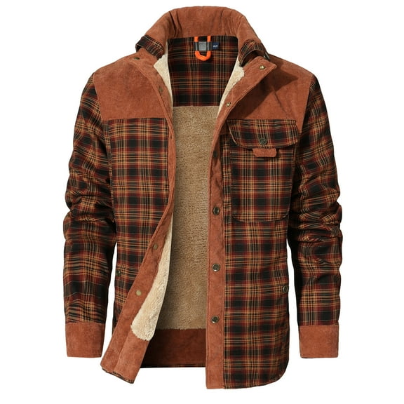 Men's Flannel Jacket Plaid Sherpa Lined Shirt Snap Button Warm Winter Coat with Pockets