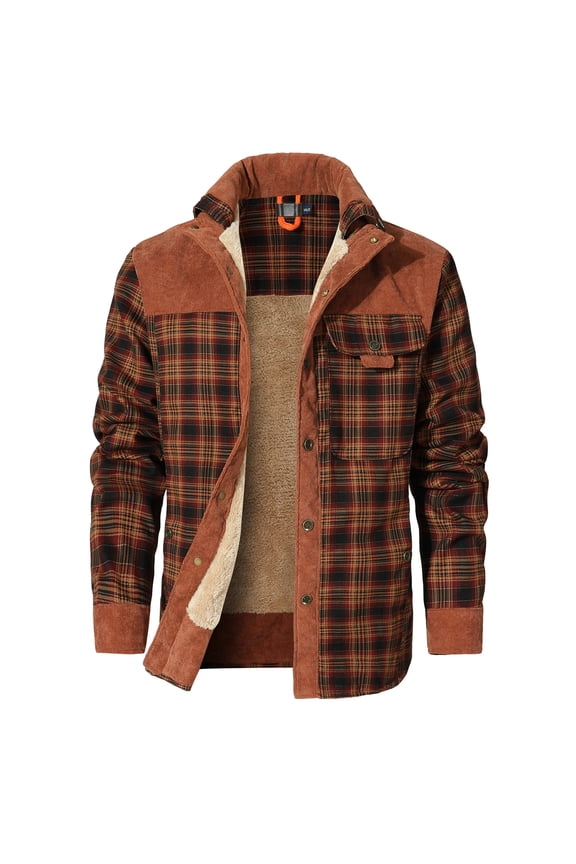 Men's Flannel Jacket Plaid Sherpa Lined Shirt Snap Button Warm Winter Coat with Pockets