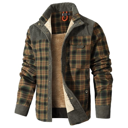 Fexilor Men's Corduroy Plaid Sherpa Lined Flannel Shirt Jacket Fleece Coat,Size 3XL