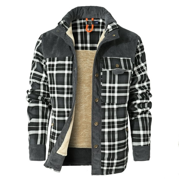 Men's Flannel Jacket Plaid Sherpa Lined Shirt Snap Button Warm Winter Coat with Pockets