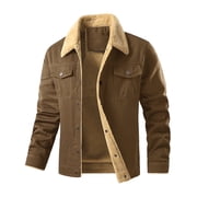 Fexilor Mens Winter Cotton Sherpa-Lined Jacket, Casual Trucker Outerwear with Flap Pockets