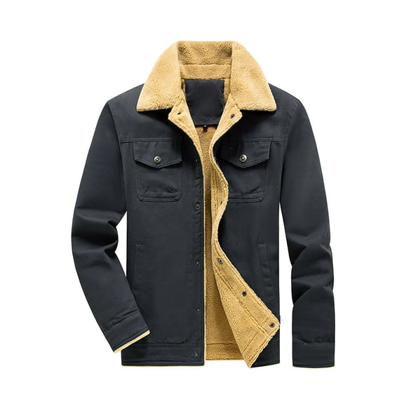 Fexilor Men's Winter Cotton Sherpa-Lined Jacket, Casual Trucker Outerwear with Flap Pockets