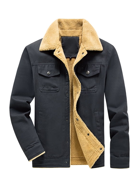 Fexilor Men's Winter Cotton Sherpa-Lined Jacket, Casual Trucker Outerwear with Flap Pockets