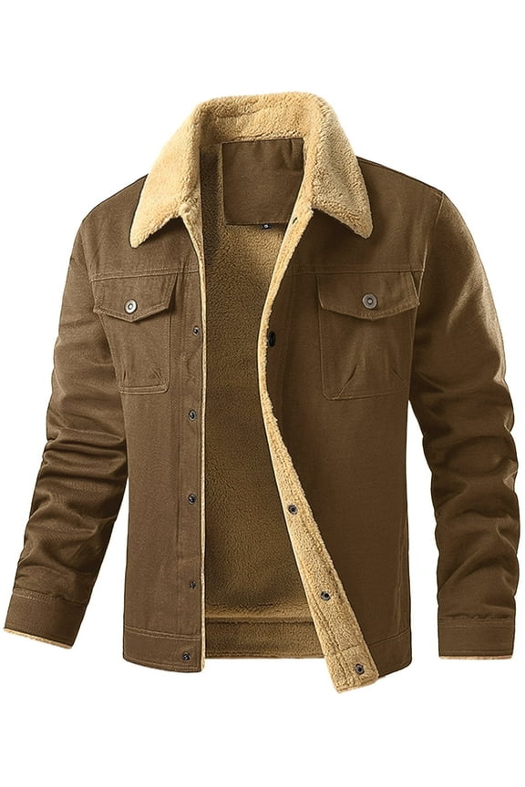 Fexilor Men's Winter Cotton Sherpa-Lined Jacket, Casual Trucker Outerwear with Flap Pockets