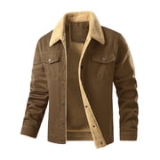 Fexilor Mens Winter Cotton Sherpa-Lined Jacket, Casual Trucker Outerwear with Flap Pockets