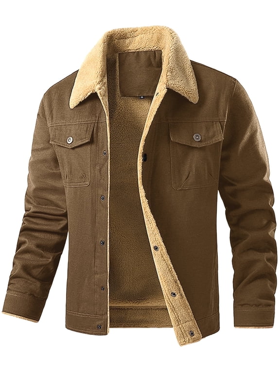 Fexilor Men's Winter Cotton Sherpa-Lined Jacket, Casual Trucker Outerwear with Flap Pockets