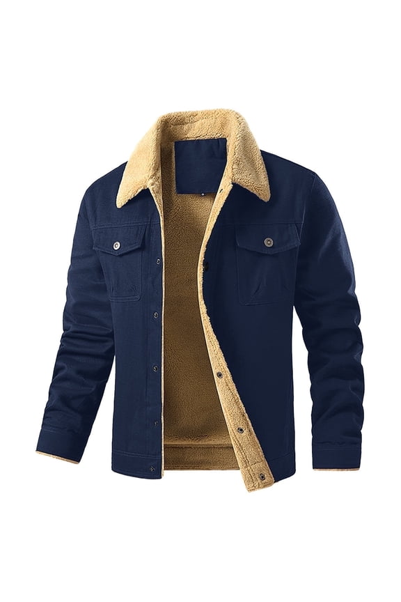 Fexilor Men's Winter Cotton Sherpa-Lined Jacket, Casual Trucker Outerwear with Flap Pockets
