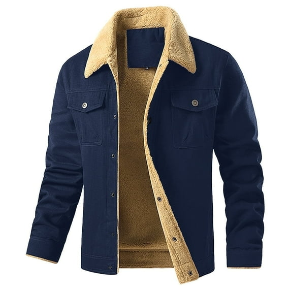 Fexilor Men's Winter Cotton Sherpa-Lined Jacket, Casual Trucker Outerwear with Flap Pockets