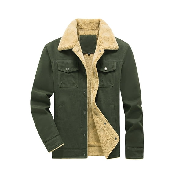 Zaitun Men's Winter Cotton Sherpa-Lined Jacket, Casual Trucker Outerwear with Flap Pockets