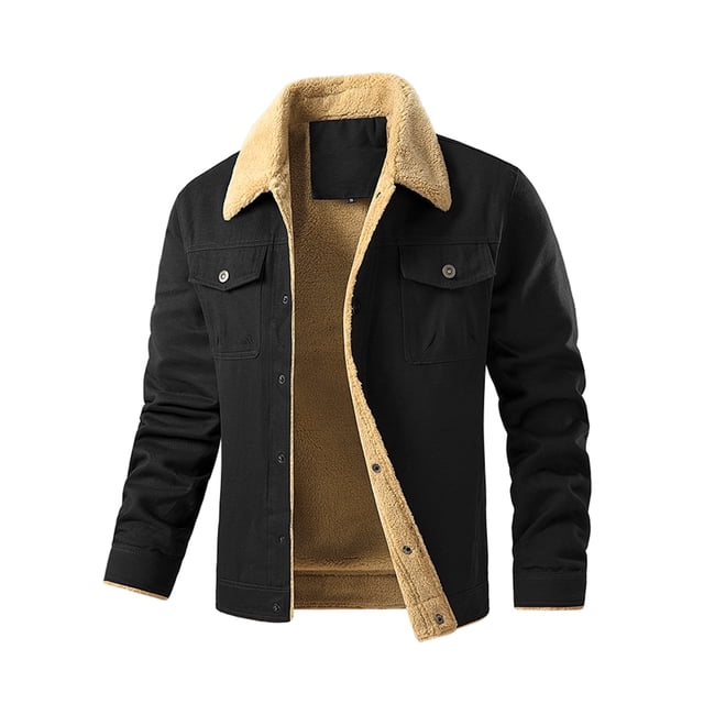 Fexilor Men's Winter Cotton Sherpa-Lined Jacket, Casual Trucker Outerwear with Flap Pockets