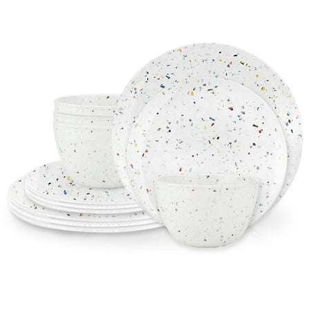 Zak Designs 12 Pieces Dinnerware Set Melamine Plastic Plates and Bowls, Service for 4, Durable and Dishwasher Safe, Confetti White