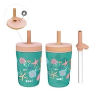 Zak Designs 12oz and 15oz Kelso Straw Tumbler Set, 12oz Stainless Steel and 15oz Plastic, 2 Cups and 1 Bonus Straw, Leakproof and Perfect for Kids, Seashells