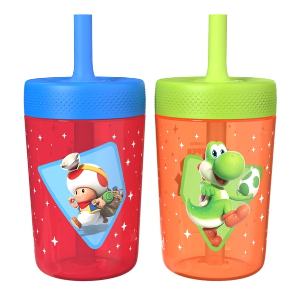 Zak Designs 12oz Mario Durable Plastic Capri Tumbler with Straw, 2 Pack