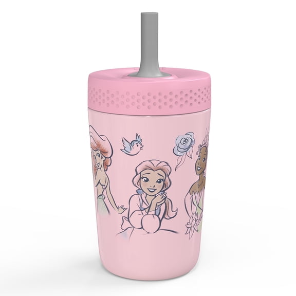 Zak Designs 12oz Kids Straw Tumbler, Stainless Steel Vacuum Insulated Kincaid Tumbler with Silicone Straw Utilizing Leak-Proof Valve, Travel Straw Tumbler, Disney Princess