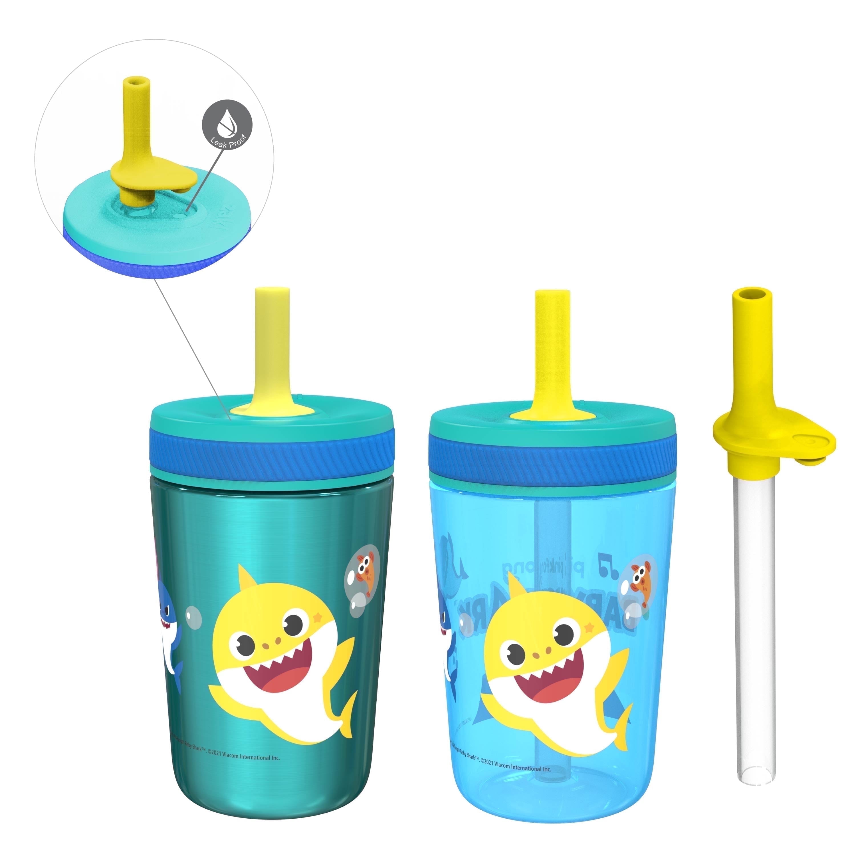 Zak Designs 12oz and 15oz 2-Pack Straw Tumbler Stainless Steel and Plastic with Additional Straw Leakproof and Perfect for Kids, Baby Shark
