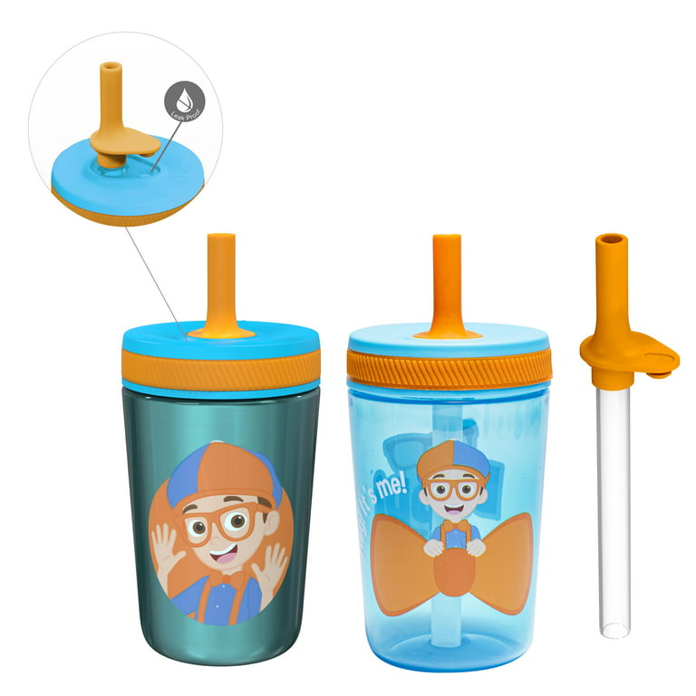 Zak Designs 12oz and 15oz 2-Pack Straw Tumbler Stainless Steel and Plastic  with Additional Straw Leakproof and Perfect for Kids, Blippi