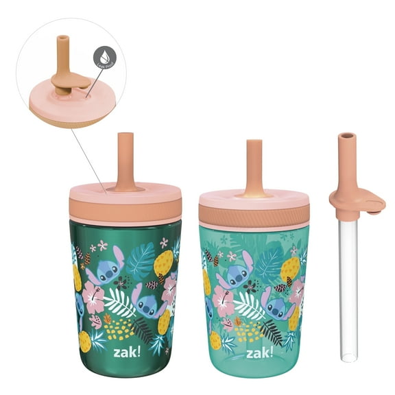 Zak Designs 12oz and 15oz 2-Pack Straw Tumbler Stainless Steel and Plastic with Additional Straw Leakproof and Perfect for Kids, Lilo And Stitch
