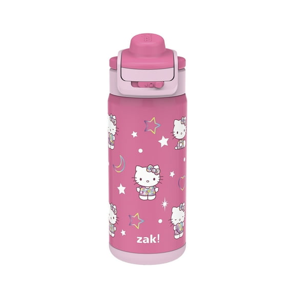 Zak Designs 14oz Hello Kitty Kids Straw Water Bottle, Stainless Steel Vacuum Insulated Lincoln Bottle with Easy-Open Locking Spout Cover for Travel, Built in Carry Handle