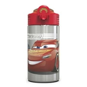 Zak Designs 15.5 oz Kids Water Bottle Stainless Steel with Push-Button Spout and Locking Cover, Cars Lightning McQueen