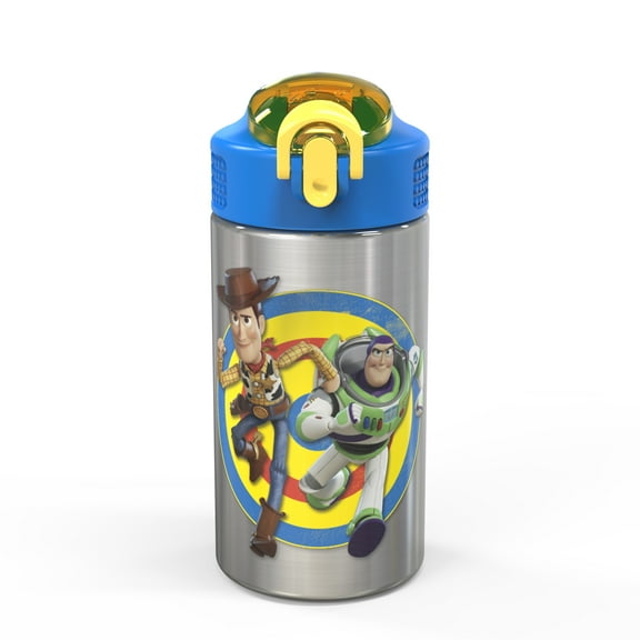 Zak Designs 15.5 oz Kids Water Bottle Stainless Steel with Push-Button Spout and Locking Cover, Disney Pixar Toy Story Woody Buzz Lightyear