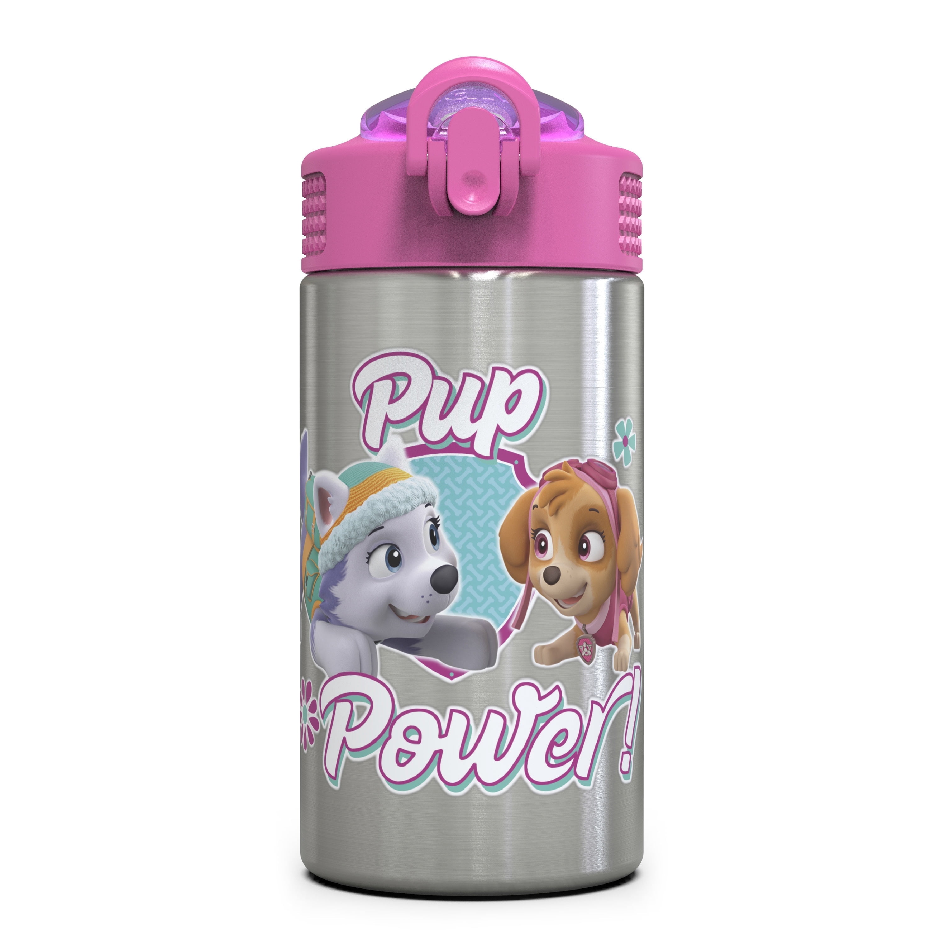 Zak Designs 15.5 oz Kids Water Bottle Stainless Steel with Push-Button Spout and Locking Cover, Paw Patrol Skye