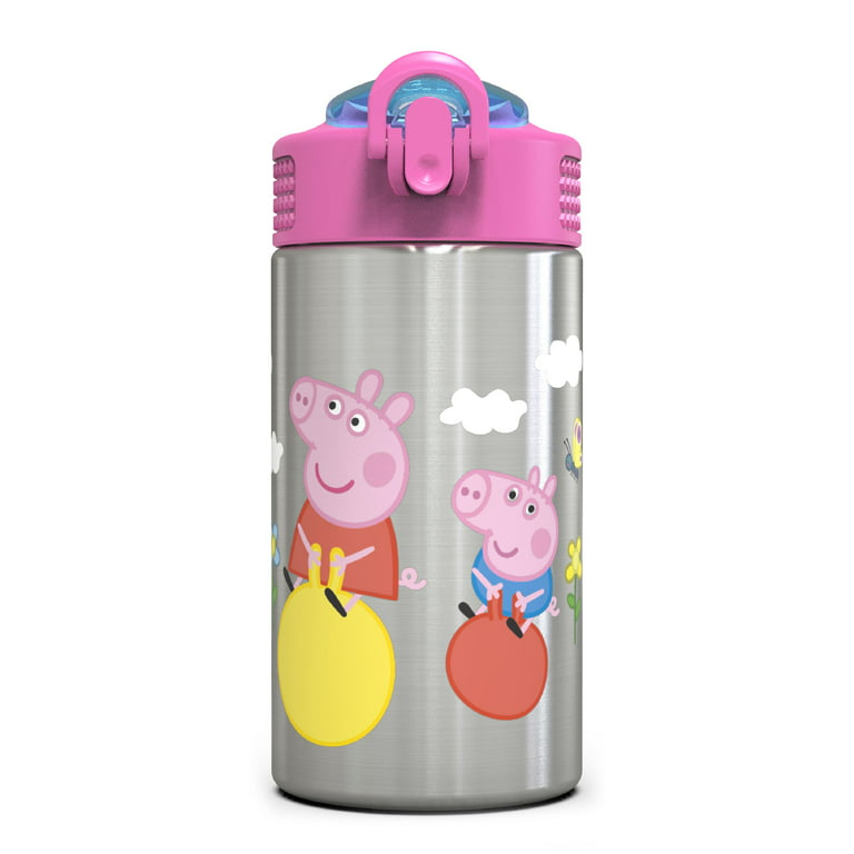 Zak Designs Peppa Pig 15.5oz Stainless Steel Kids Water Bottle with Flip-Up Straw Spout - BPA Free Durable Design, Peppa Pig SS