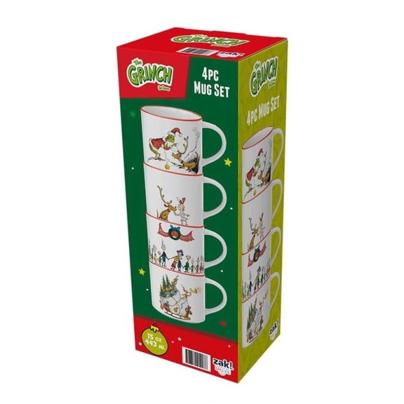Zak Designs 15oz 4pk Stackable Ceramic Holiday Mugs in Gift Box - Grinch