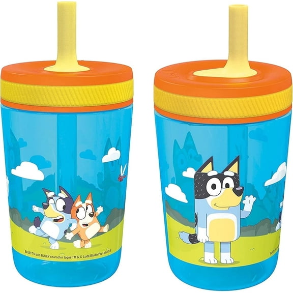 Zak Designs 15oz Bluey Kelso Travel Straw Tumbler Plastic and Silicone with Leak-Proof Valve for Kids, 2pcs Set, Bluey
