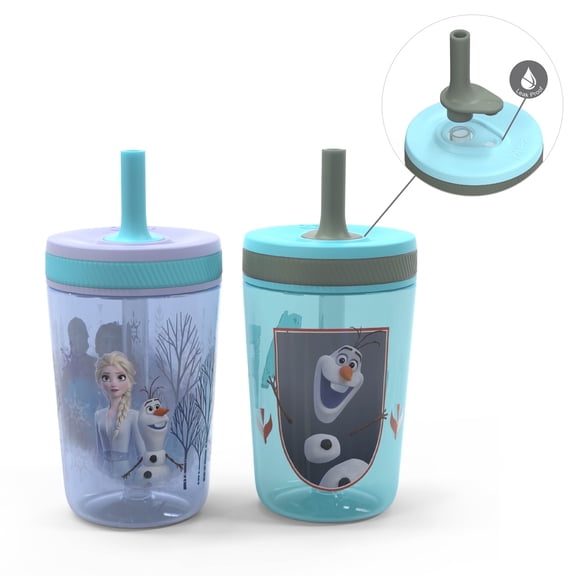 Zak Designs 15oz Disney Frozen II Movie Kelso Travel Straw Tumbler Plastic and Silicone with Leak-Proof Straw Valve for Kids, 2pcs Set, Frozen 2 Olaf