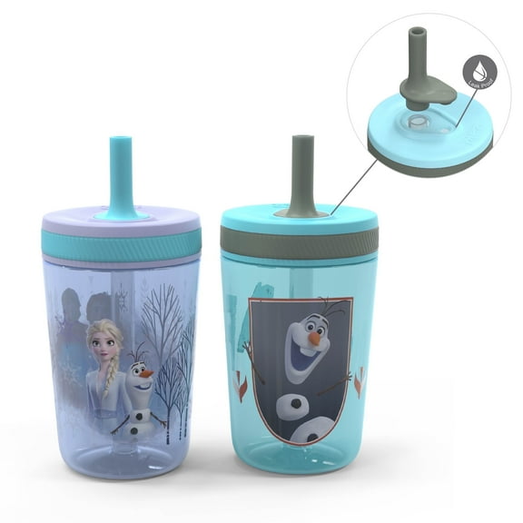 Zak Designs 15oz Disney Frozen II Movie Kelso Travel Straw Tumbler Plastic and Silicone with Leak-Proof Straw Valve for Kids, 2pcs Set, Frozen 2 Olaf
