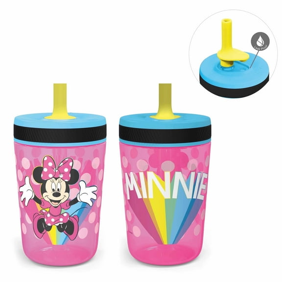 Zak Designs 15oz Disney Minnie Mouse Kelso Travel Straw Tumbler Plastic and Silicone with Leak-Proof Straw Valve for Kids, 2pcs Set, Minnie Mouse