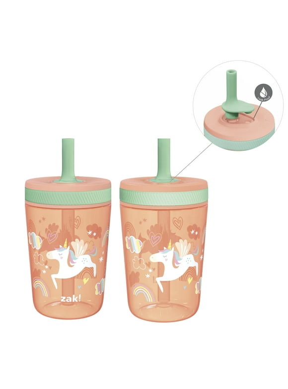 Zak Designs 15oz Kelso Toddler Cups For Travel or At Home, Durable Plastic Sippy Cups With Leak-Proof Design is Perfect For Kids (Unicorn)