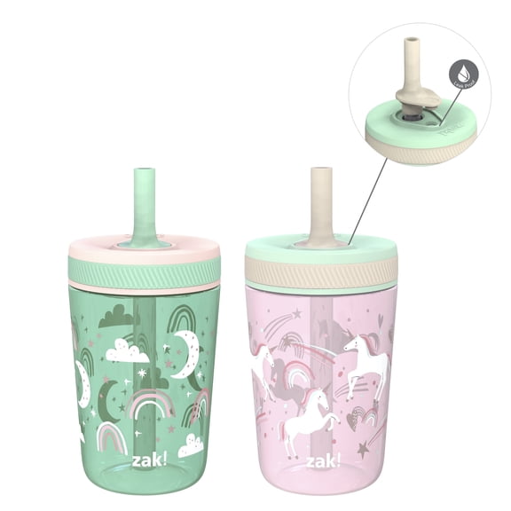 Zak Designs 15oz Kelso Toddler Cups For Travel or At Home, Durable Plastic Sippy Cups With Leak-Proof Design is Perfect For Kids (Fanciful Unicorn, Happy Skies)