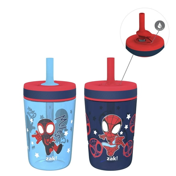 Zak Designs 15oz Marvel Spider-Man Kelso Travel Straw Tumbler Plastic and Silicone with Leak-Proof Straw Valve for Kids, 2pcs Set, Spidey and His Amazing Friends