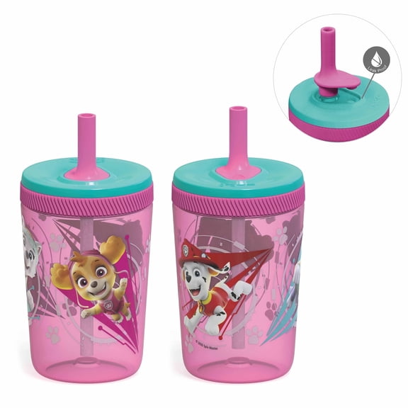 Zak Designs 15oz Paw Patrol Kelso Travel Straw Tumbler Plastic and Silicone with Leak-Proof Straw Valve for Kids, 2pcs Set, Marshall and Skye