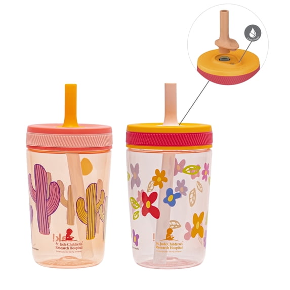 Zak Designs 15oz Plastic Kelso Straw Tumbler 2-Pack Inspired by St. Jude Patient Art Floral Cactus