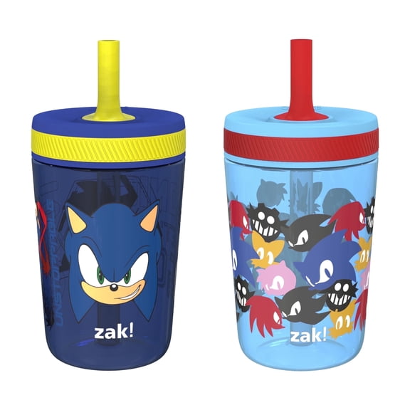 Zak Designs 15oz Sonic the Hedgehog Kelso Travel Straw Tumbler Plastic and Silicone with Leak-Proof Straw Valve for Kids, 2pcs Set, Sonic