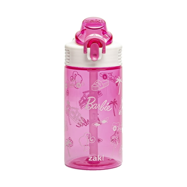 Zak Designs 16oz Barbie Sage Water Bottle For School or Travel, Durable Plastic Water Bottle With Straw, Handle, and Leak-Proof, Pop-Up Spout Cover (Barbie)