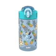 Zak Designs 16oz Bluey Kids Straw Water Bottle, Durable Plastic Park Bottle with Easy-Open Locking Spout Cover for Travel, Built in Carry Handle