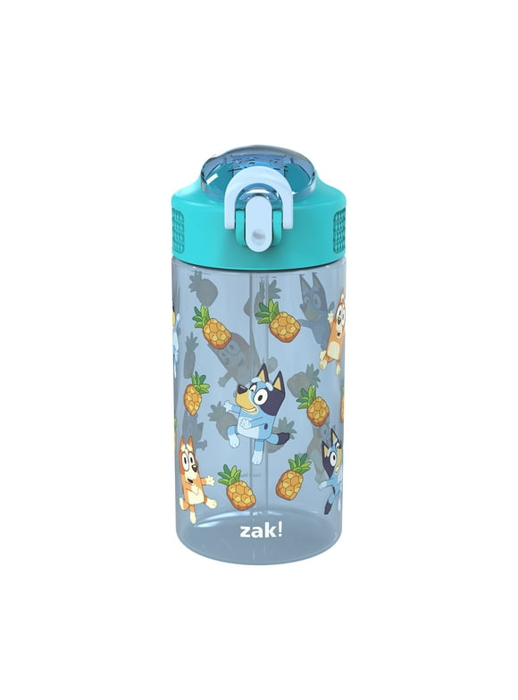 Zak Designs 16oz Bluey Kids Straw Water Bottle, Durable Plastic Park Bottle with Easy-Open Locking Spout Cover for Travel, Built in Carry Handle
