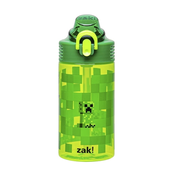 Zak Designs 16oz Minecraft Water Bottle For School or Travel, Durable Plastic Water Bottle With Straw, Handle, and Leak-Proof, Pop-Up Spout Cover (Creeper)