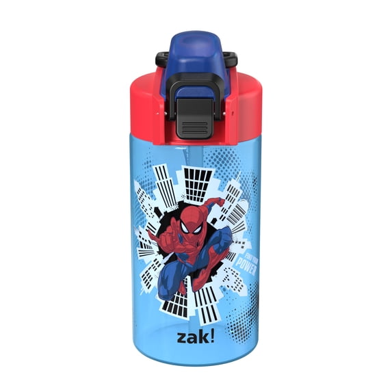 Zak Designs 16oz Spiderman Durable Plastic Jubilation Water Bottle with Folding Handle and Push Button, Locking Lid